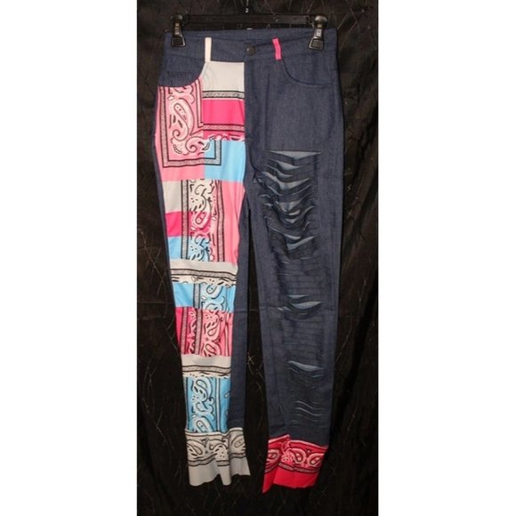 Women's Multi-Colored Bandana Patched Dark Blue Jeans With Pre Cut Rips Size: S - Picture 1 of 9